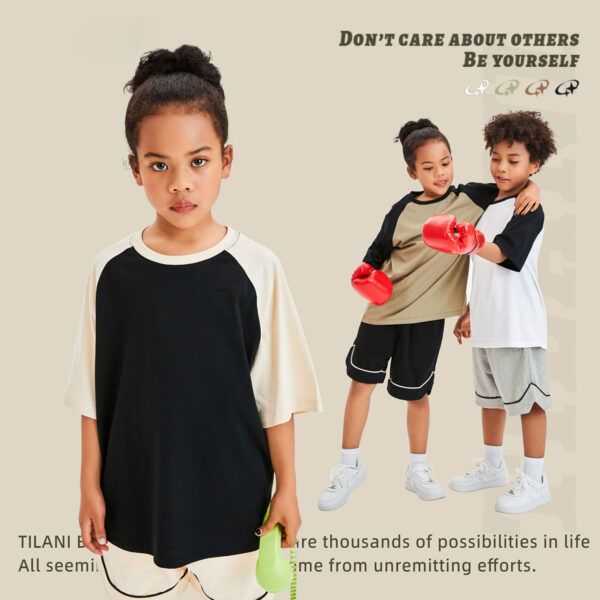 #T2001 Raglan Sleeve 200Gsm Kids Cotton Color Block T-Shirt 3